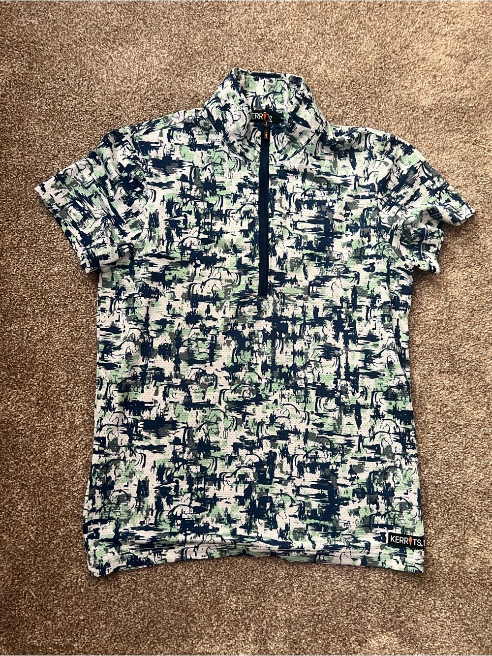 Kerrits Abstract Print Short Sleeve Zip Polo - Navy, White & Light Green